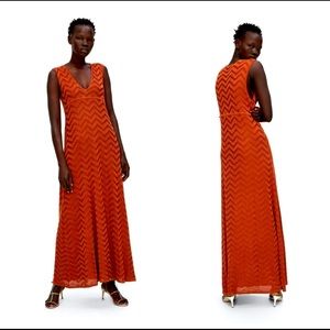 Zara Burnt Orange Chevron Maxi Dress Sz M